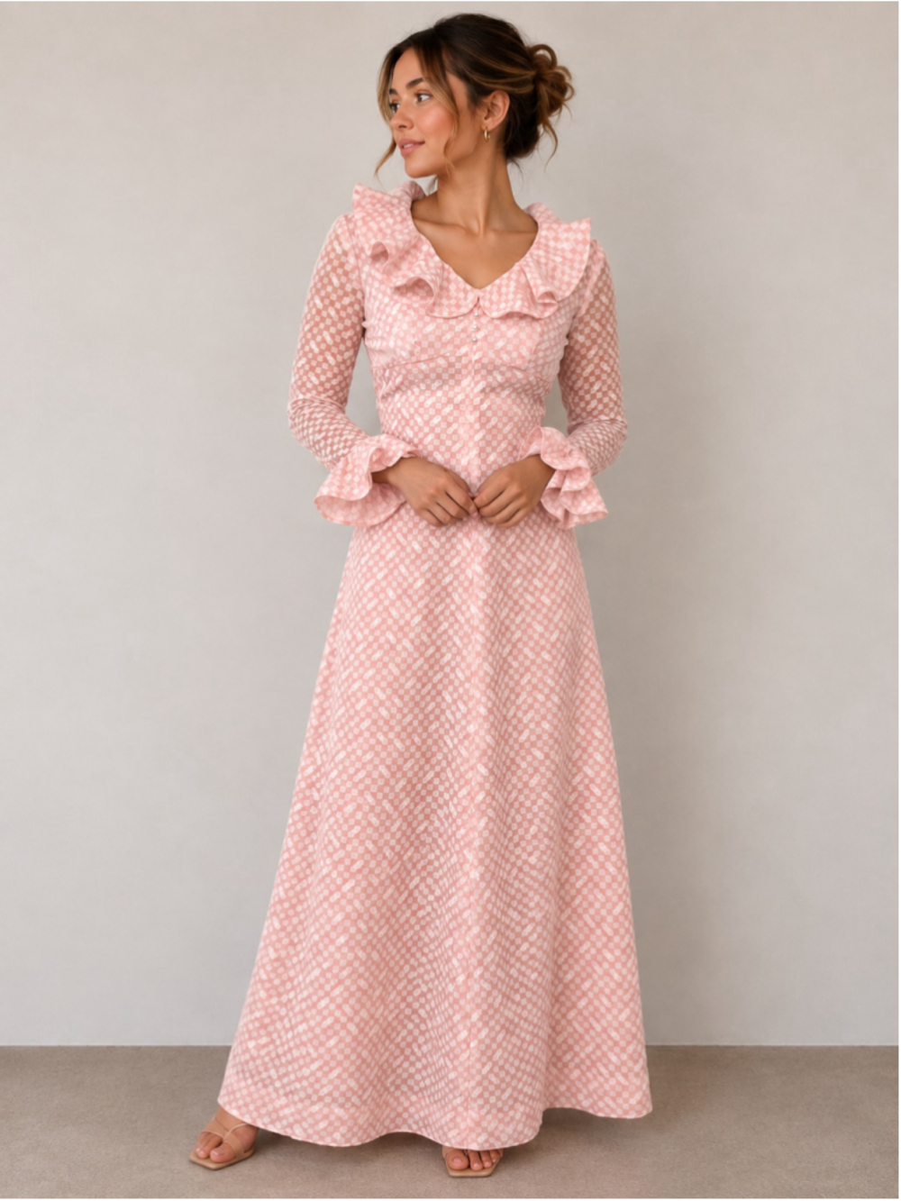 Vintage 70s Handmade Pink Check Ruffle Prairie Maxi Dress Cottagecore